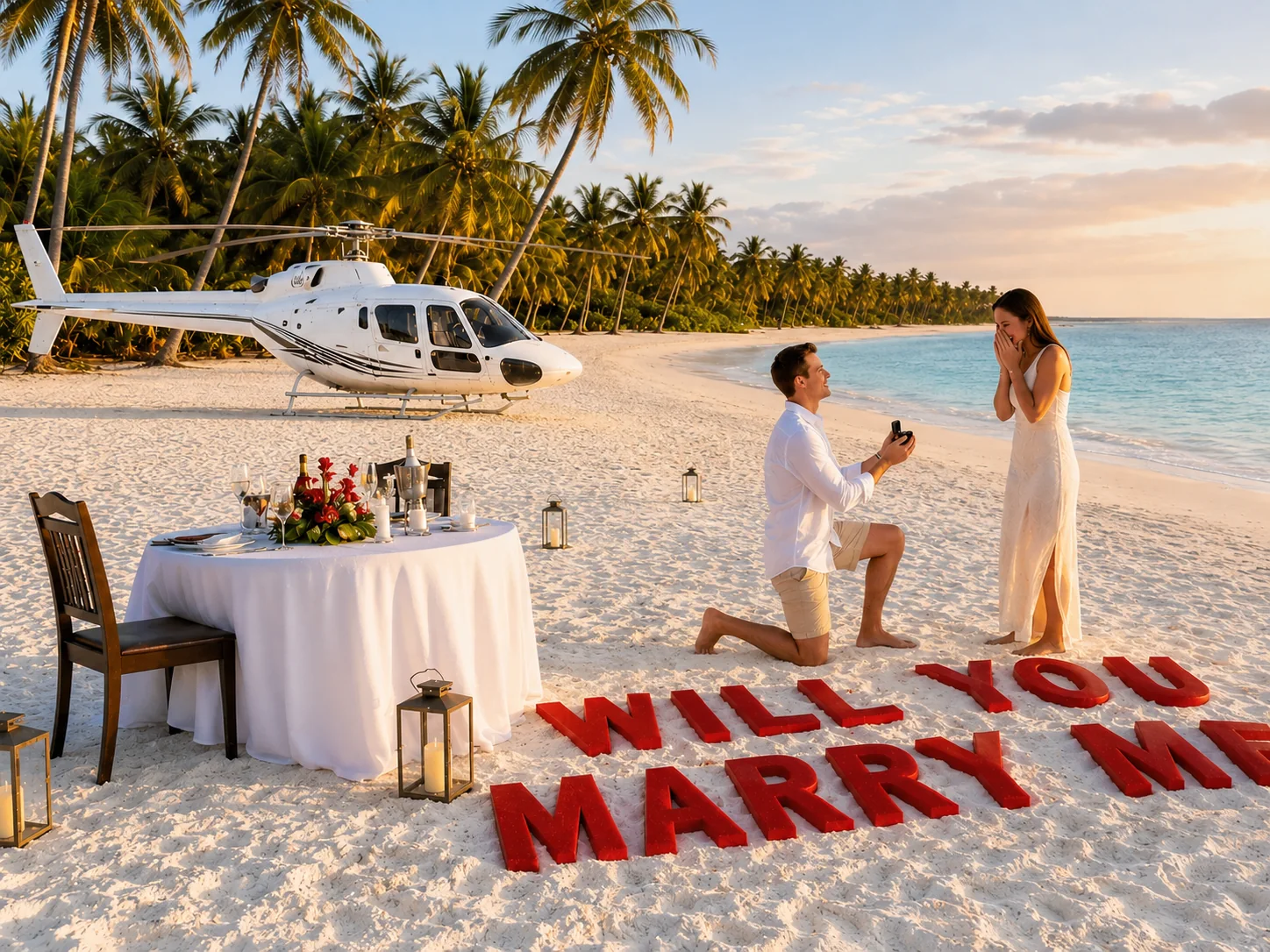 Helicopter marriage proposal on a Punta Cana beach with romantic dinner setup
