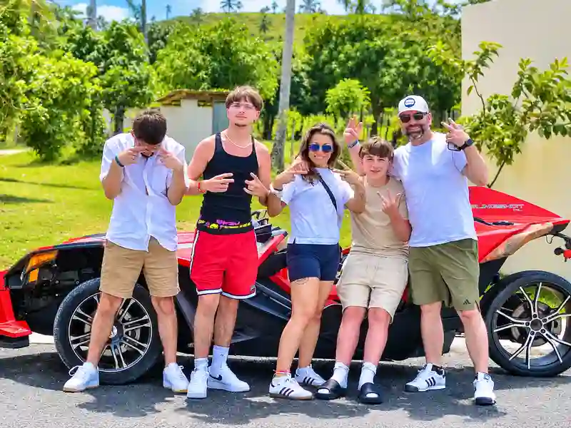 Family enjoying the Nisibón Explorer Slingshot tour in the Dominican countryside